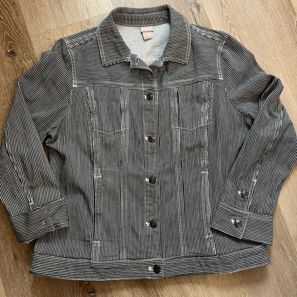 Chico's Black and White Striped Jean Jacket - Size 2 - Great Condition